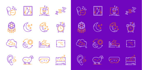 Sleep icons, bedroom comfort thin line symbol. Dream and sleeping comfort outline vector sign or pictogram with moon crescent, bed, pillow and ear plug, dream catcher, goggles, pill and alarm clock