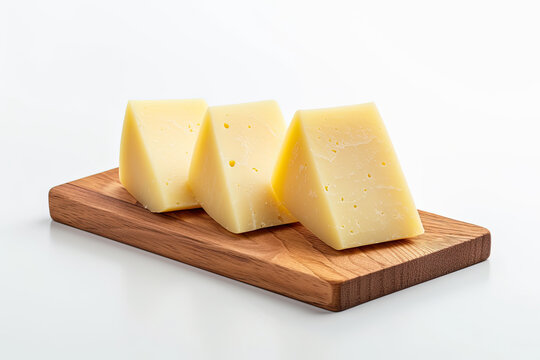 slices of cheese on a wooden board isolated on white background