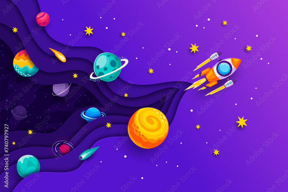 Aufkleber universe space paper cut banner with rocket and galaxy planets, cartoon vector background. rocket la