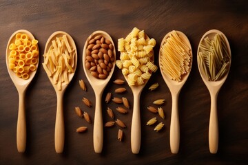 A plate of different types of pasta in wooden spoons - Powered by Adobe