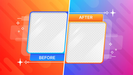 Before after template with comparison frames, vector thin line stars and sparkles. Social media banner layout, fashion, business, sport and beauty story before and after comparative screens, web post - obrazy, fototapety, plakaty