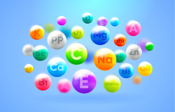 Supplement vitamins and minerals, health nutrition and healthcare vector background. Healthy food and meals balance with vitamin C, E and B, omega 3 acids and micronutrients Calcium and Potassium