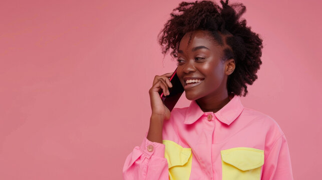 jeune femme souriante en train de parler au t&eacute;l&eacute;phone sur fond rose, espace pour texte