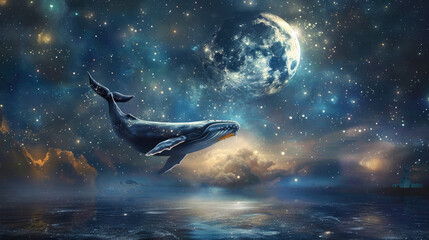 Obraz na płótnie Canvas Whale glides past the moon a celestial dance in the starlit sky tranquility