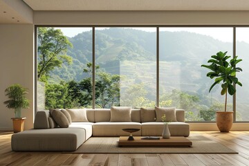 Empty minimalist living room with large wi - obrazy, fototapety, plakaty