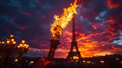 Parisian sunset: hand holding the Olympic torch against the background of the Eiffel Tower - obrazy, fototapety, plakaty