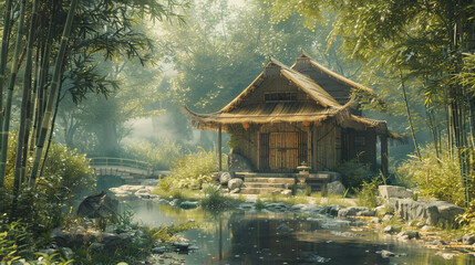 A hyperrealistic image of a bamboo house with a pagoda roof and a wooden door. The house is simple...