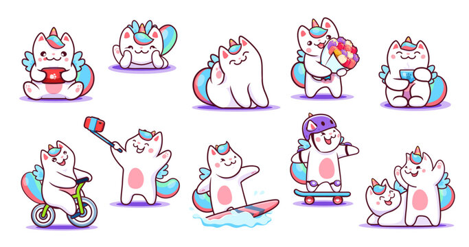 Cartoon kawaii caticorn cat and kitten pet characters. Cute unicorn cat animals vector personages surfing, riding bicycle and skateboard, doing selfie and texting with mobile phone. Caticorns set