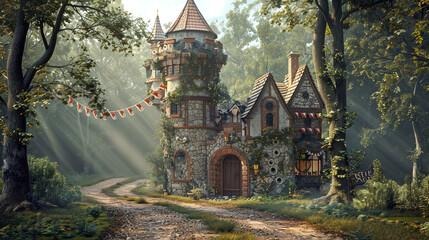 A hyperrealistic image of a brick house with a round tower and a pointed roof. The house has a medieval style and is decorated with flags and lanterns. The house is situated in a forest clearing with 