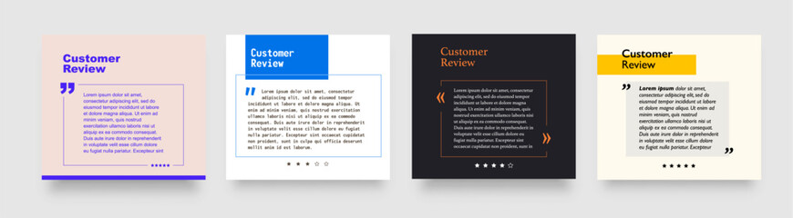 Customer feedback testimony review templates and speech box layouts, vector quote frames. Client testimony or review message with citation in quotation signs and rating stars for social media template