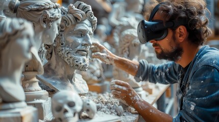 A digital sculptor using virtual reality goggles and controllers to shape and mold virtual clay, creating intricate and lifelike 3D sculptures - obrazy, fototapety, plakaty