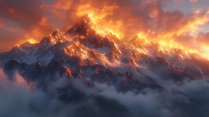 A dramatic mountain vista with rugged peaks piercing the sky, their snow-capped summits glowing in the light of the rising sun - obrazy, fototapety, plakaty