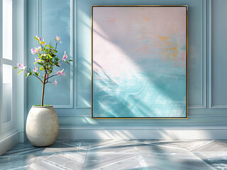 Modern coastal interior with large abstract wall art and dusty blue wall.