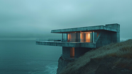 A hyperrealistic image of a concrete house with a sloped roof and a balcony. The house is minimalist and elegant, and has a contrast of black and white colors. The house is set on a cliff, overlooking