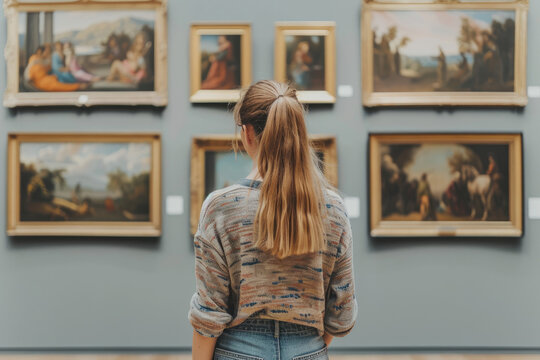 Young woman looks at paintings in a museum or exhibition at art gallery