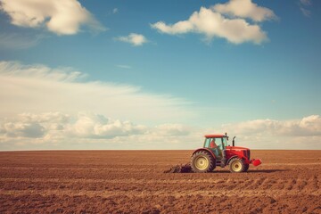 A farmer is driving a red tractor across a vast field, plowing the soil in preparation for planting crops.