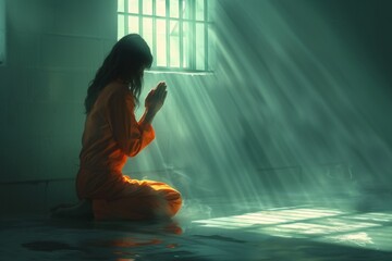 Female prisoner in an orange jumpsuit with dark long hair sits in meditation, in the rays of the sun penetrating through the prison bars. - obrazy, fototapety, plakaty