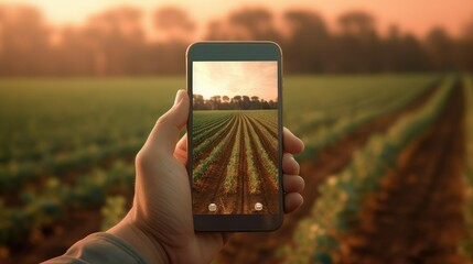A hand holding a cellphone with a soy field on the screen.
