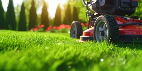 A lawn mower driving along the lawn with a grass. - obrazy, fototapety, plakaty