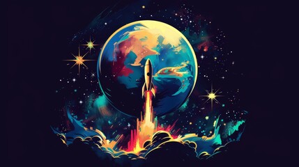 Cosmic Launch - Retro Futuristic Rocket Art