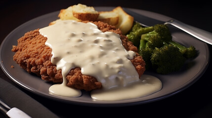 A crispy chicken fried steak with cheesy sauce and potatoes, and gravy.
