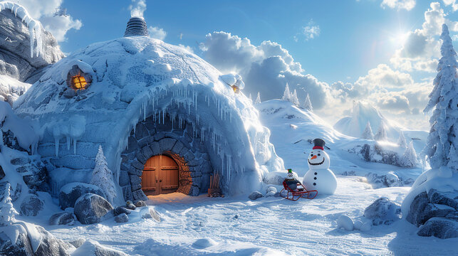 A hyperrealistic image of a ice house with a igloo roof and a entrance. The house is cold and beautiful, and has a snowman and a sled on it. The house is located in a polar, with a ice and a penguin. 