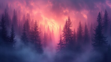 A Forest Filled With Trees Under a Cloudy Sky - obrazy, fototapety, plakaty