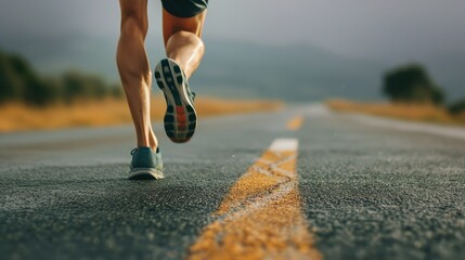 A runner man running down the road, legs view.