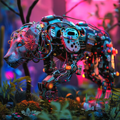 A vivid 3D showcase of mechanical wildlife featuring robotic predators and cybernetic grazers in digital harmony