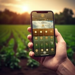 Agricultural technology concept. Smart farmer holding smart phone with agritech icons and messages on screen with soil sensor to manage water, soil quality and monitor weather shot in DSLR