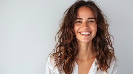 Sweet happy smile of beautiful young woman with empty space blue background. AI generated image - obrazy, fototapety, plakaty