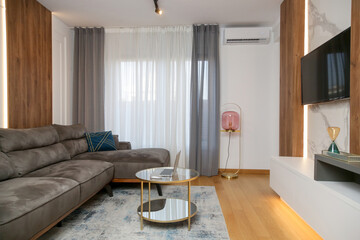 Modern,stylish and cozy living room with brown sofa and round coffee table