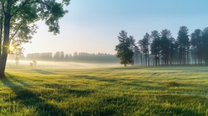 Obraz premium Beautiful summer natural landscape with lawn with cut fresh grass in early morning with light fog.