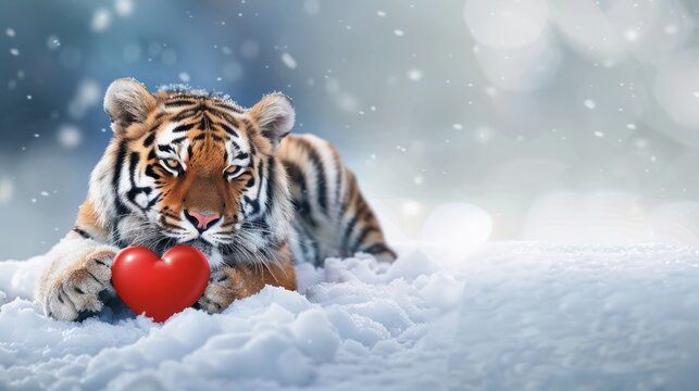 Illustration a wild tiger cub is holding a red heart lying down on snow winter. AI generated image