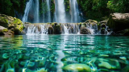 Cascading Waterfalls: Crystal Clear Water Falling into a Pristine Pool. - obrazy, fototapety, plakaty