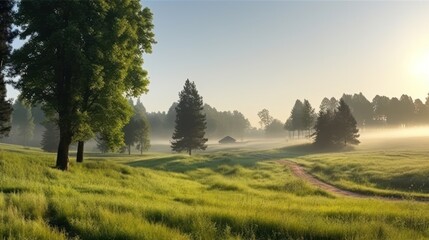 Beautiful summer natural landscape with lawn with cut fresh grass in early morning with light fog.