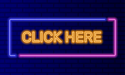 Neon sign click here in speech bubble frame on brick wall background vector. Light banner on the wall background. Click here button navigation or call to action, design template, night neon signboard