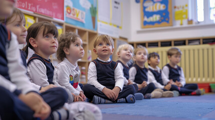 Group of small nursery school children sitting and listening to teacher in classroom