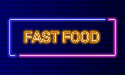 Neon sign fast food in speech bubble frame on brick wall background vector. Light banner on the wall background. Fast food button junk food, design template, night neon signboard