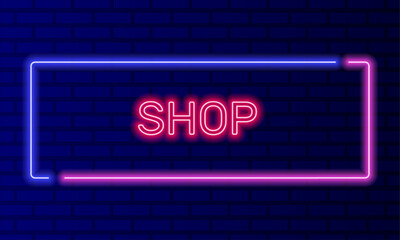 Neon sign shop in speech bubble frame on brick wall background vector. Light banner on the wall background. Shop button discount marketing, design template, night neon signboard