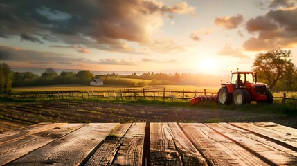 Empty wooden table top with farm landscape whit tractor during the spring, sunset light background....