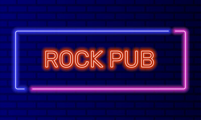 Neon sign rock pub in speech bubble frame on brick wall background vector. Light banner on the wall background. Rock pub button guitar night cafe, design template, night neon signboard