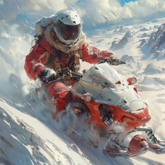 Pilot in a jet powered snowmobile blasting across the icy tundra dodging snowdrifts and icebergs - obrazy, fototapety, plakaty