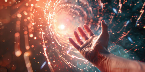 Hand reaching inside spinning vortex of light particles, big data and artificial intelligence concept, or concept of Explore the vast world outside - obrazy, fototapety, plakaty
