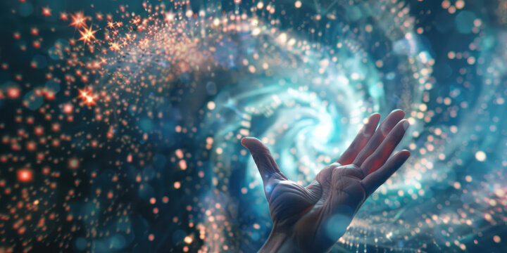 Hand reaching inside spinning vortex of light particles, big data and artificial intelligence concept, or concept of Explore the vast world outside