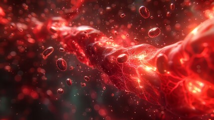 Polygonal blood vessels with nanobot repair squads depicted in a dynamic red hued bloodstream full of glowing cells and particles