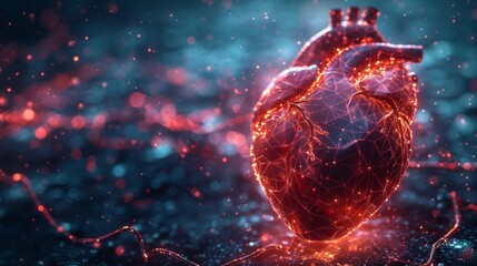 Polygonal heart connected to a virtual reality based cardiac simulator set against a backdrop of flowing digital arteries - obrazy, fototapety, plakaty