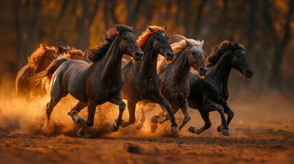 Horse in motion, throwing dirt into the air - obrazy, fototapety, plakaty