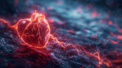 Polygonal heart connected to a virtual reality based cardiac simulator set against a backdrop of flowing digital arteries - obrazy, fototapety, plakaty