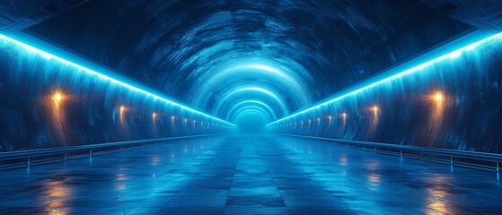 Empty underground background with blue lighting with space for text